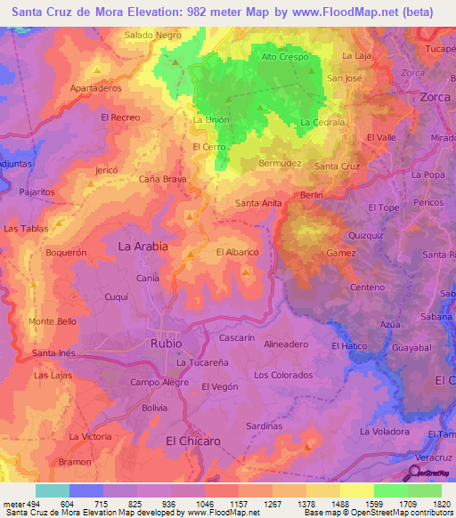 Santa Cruz de Mora,Venezuela Elevation Map