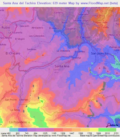 Santa Ana del Tachira,Venezuela Elevation Map