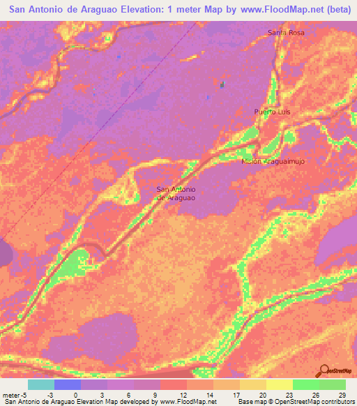 San Antonio de Araguao,Venezuela Elevation Map