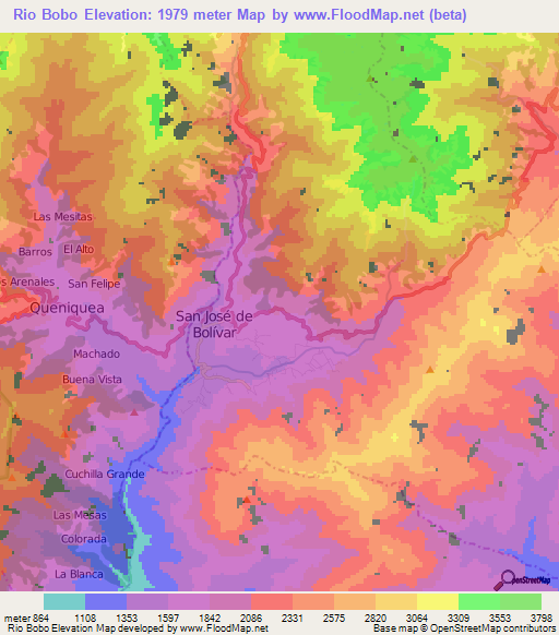 Rio Bobo,Venezuela Elevation Map