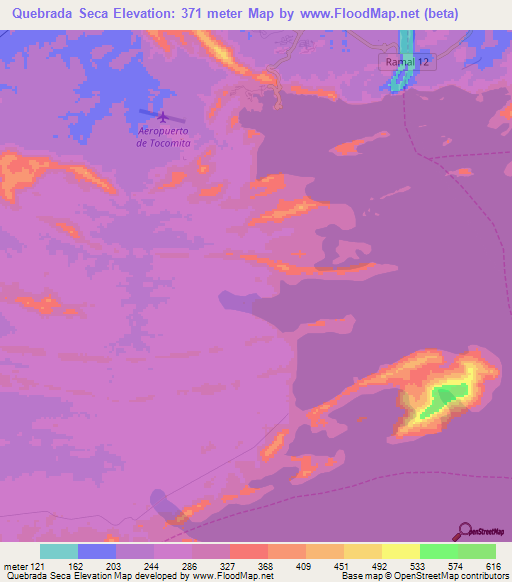 Quebrada Seca,Venezuela Elevation Map