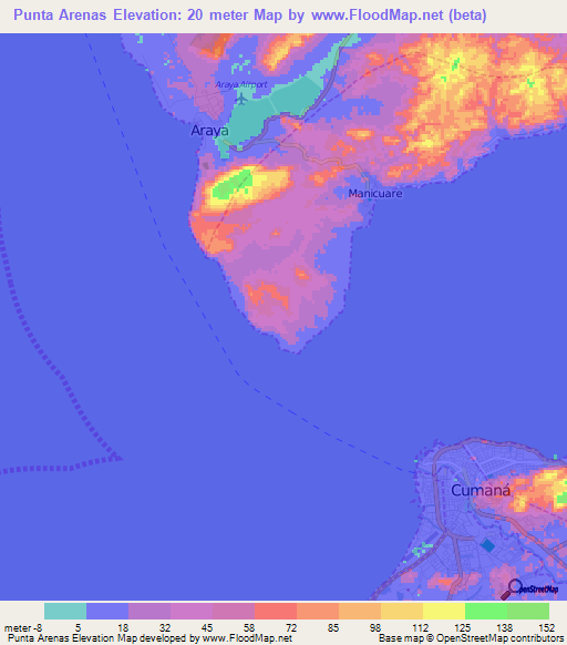 Punta Arenas,Venezuela Elevation Map