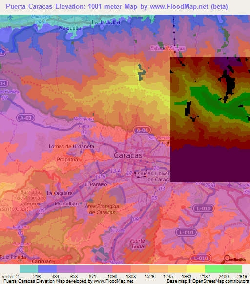 Puerta Caracas,Venezuela Elevation Map