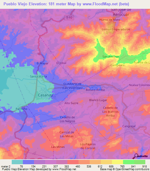 Pueblo Viejo,Venezuela Elevation Map