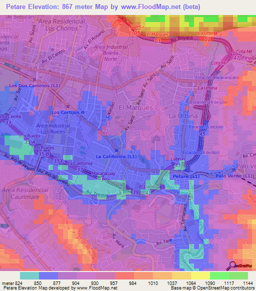 Petare,Venezuela Elevation Map