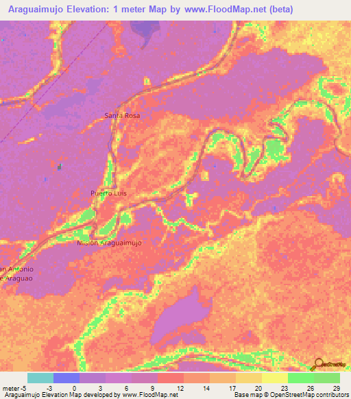 Araguaimujo,Venezuela Elevation Map