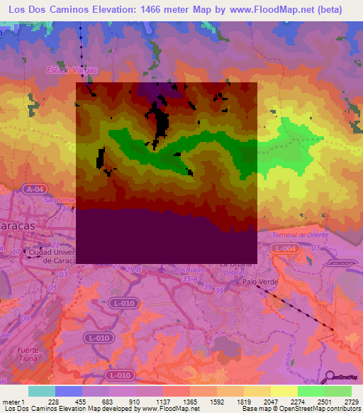 Los Dos Caminos,Venezuela Elevation Map