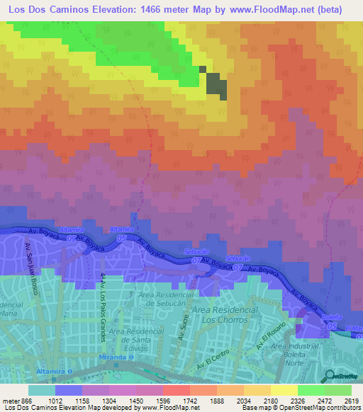Los Dos Caminos,Venezuela Elevation Map