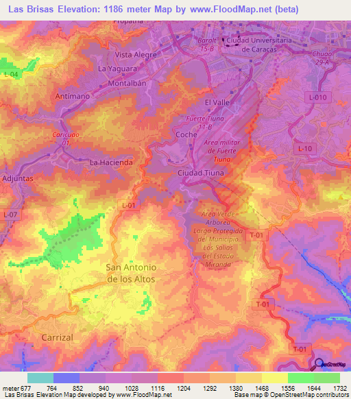 Las Brisas,Venezuela Elevation Map