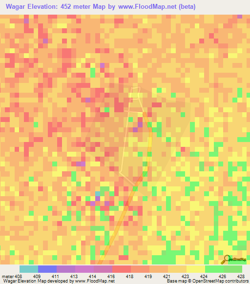 Wagar,Sudan Elevation Map