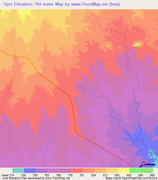 Uyer,Sudan Elevation Map