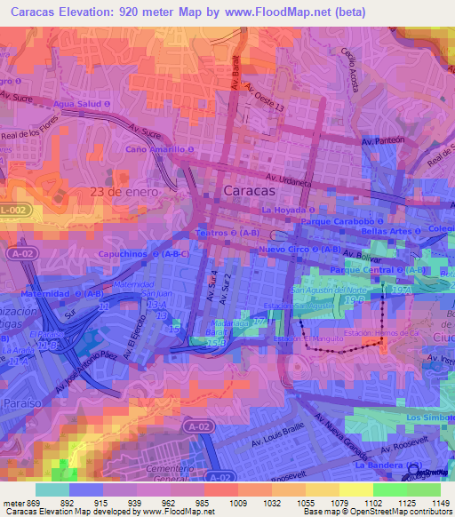 Caracas,Venezuela Elevation Map