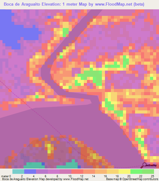 Boca de Araguaito,Venezuela Elevation Map