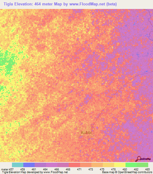 Tigla,Sudan Elevation Map