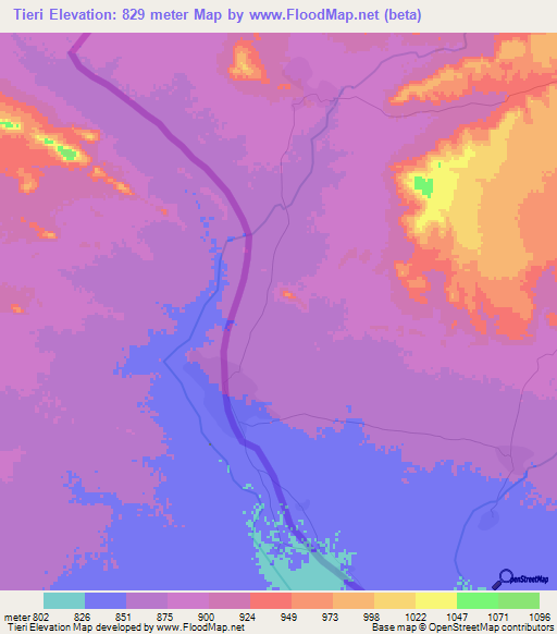 Tieri,Sudan Elevation Map