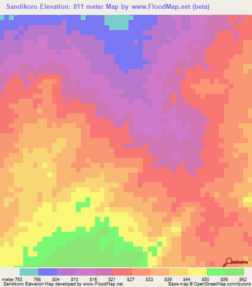 Sandikoro,Sudan Elevation Map