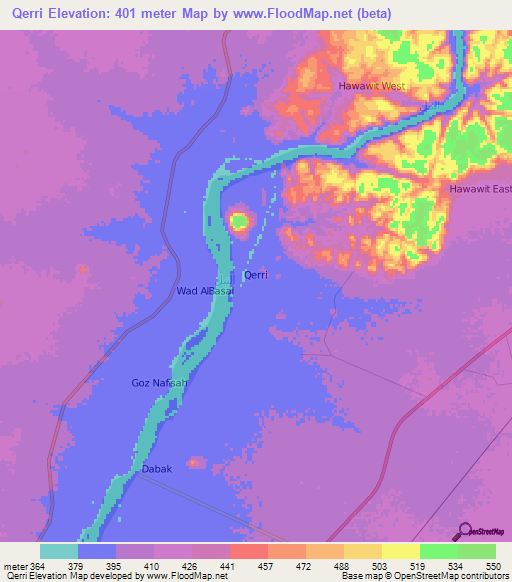 Qerri,Sudan Elevation Map