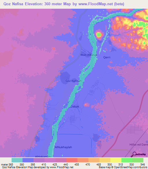 Qoz Nafisa,Sudan Elevation Map