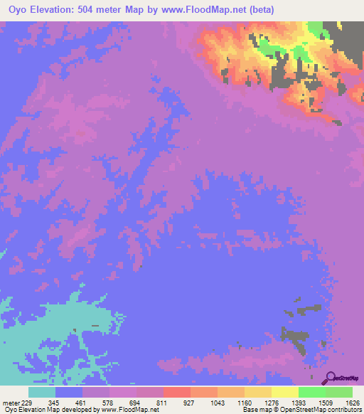 Oyo,Sudan Elevation Map