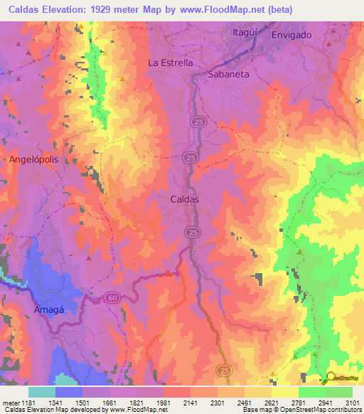 Caldas,Colombia Elevation Map