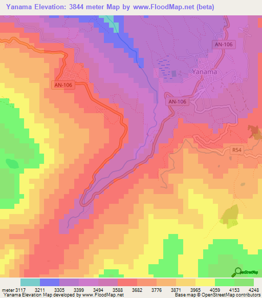 Yanama,Peru Elevation Map