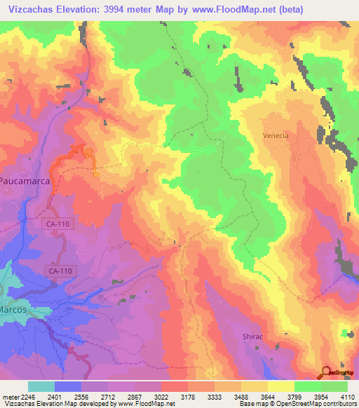 Vizcachas,Peru Elevation Map