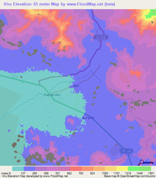 Viru,Peru Elevation Map
