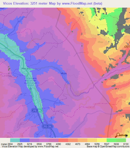 Vicos,Peru Elevation Map