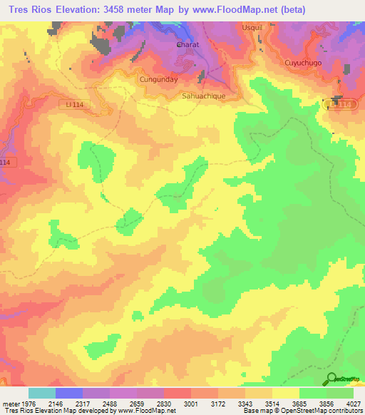 Tres Rios,Peru Elevation Map