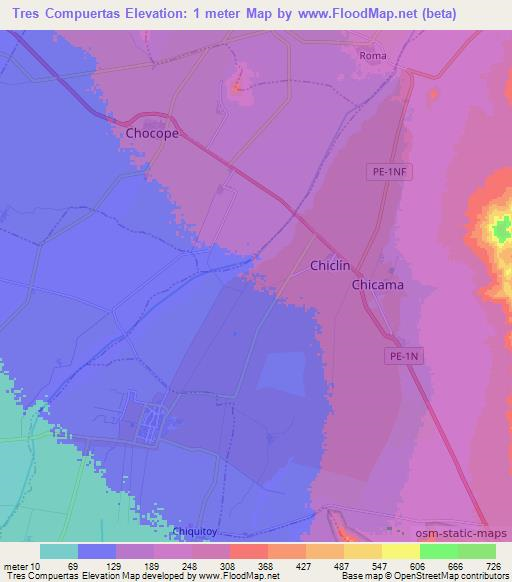 Tres Compuertas,Peru Elevation Map