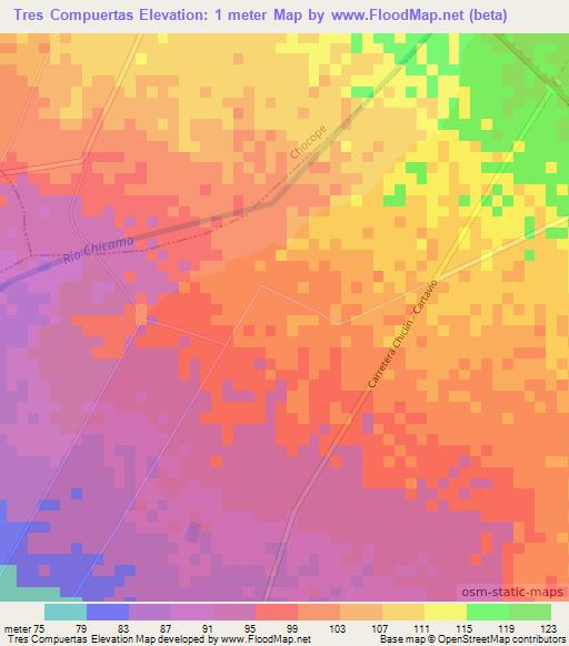 Tres Compuertas,Peru Elevation Map