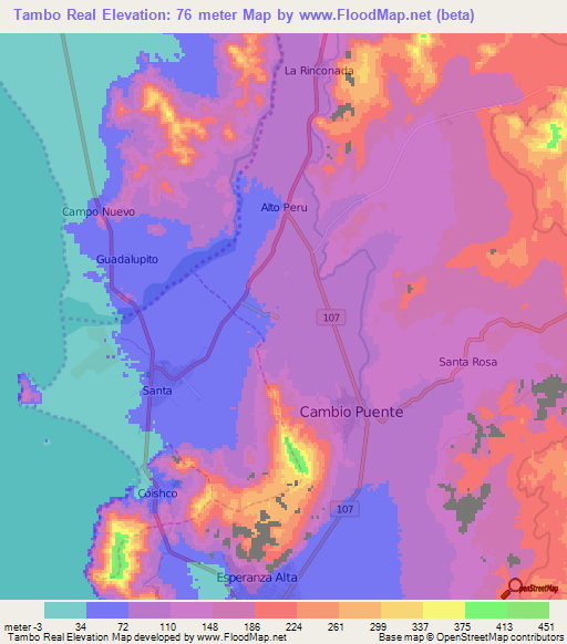 Tambo Real,Peru Elevation Map