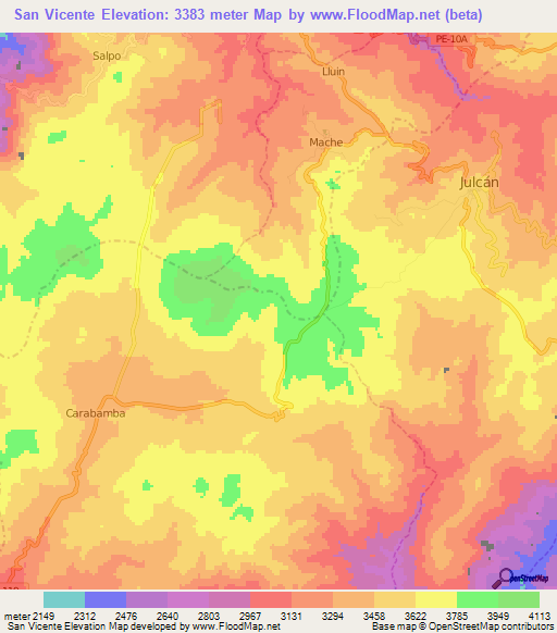 San Vicente,Peru Elevation Map