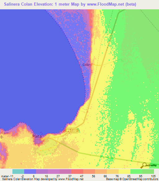 Salinera Colan,Peru Elevation Map