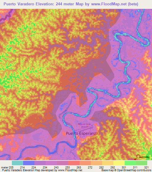 Puerto Varadero,Peru Elevation Map