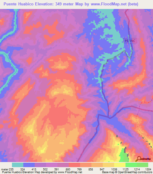 Puente Huabico,Peru Elevation Map