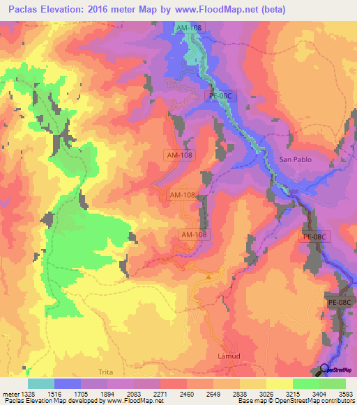 Paclas,Peru Elevation Map