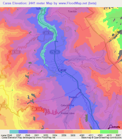 Caras,Peru Elevation Map