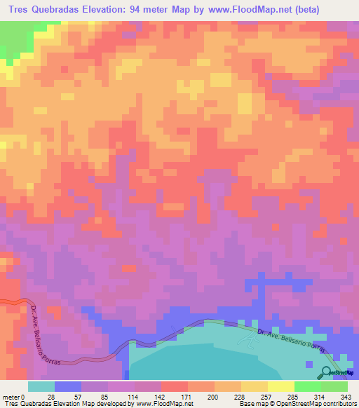Tres Quebradas,Panama Elevation Map