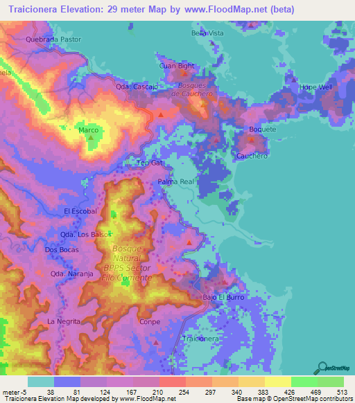 Traicionera,Panama Elevation Map