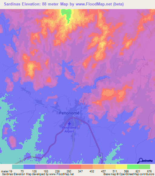 Sardinas,Panama Elevation Map