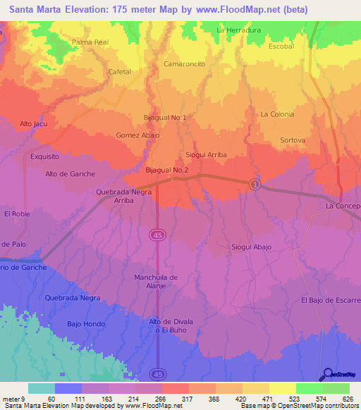 Santa Marta,Panama Elevation Map