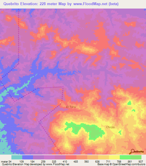 Quebrito,Panama Elevation Map