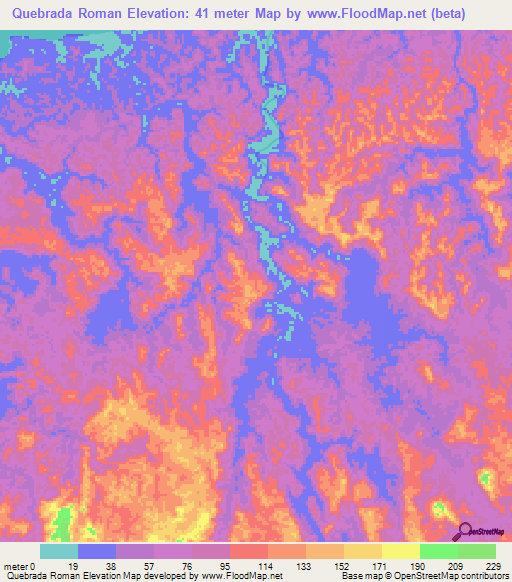 Quebrada Roman,Panama Elevation Map