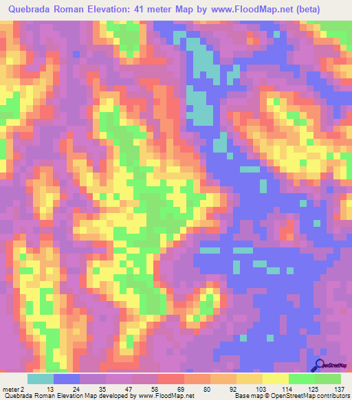 Quebrada Roman,Panama Elevation Map