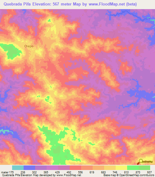 Quebrada Pifa,Panama Elevation Map