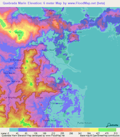 Quebrada Marin,Panama Elevation Map
