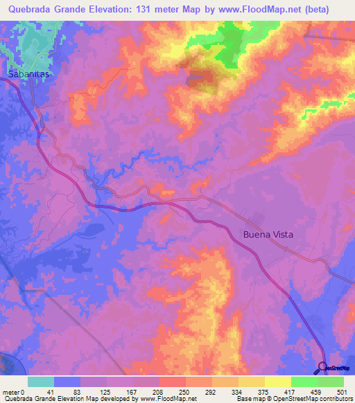 Quebrada Grande,Panama Elevation Map