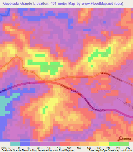 Quebrada Grande,Panama Elevation Map