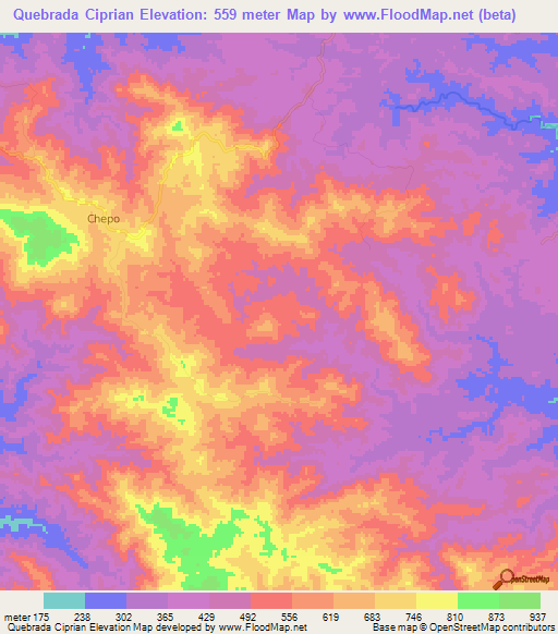 Quebrada Ciprian,Panama Elevation Map